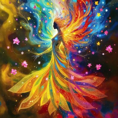The primary subject of the image is a woman with a colorful, flowing dress. She is surrounded by a vibrant and colorful environment, which includes a variety of flowers and stars. The visual style of the image is digital art, with the woman's dress and the background elements created using a computer. The colors and mood of the image are lively and cheerful, with the woman's dress and the surrounding elements all contributing to a bright and uplifting atmosphere.